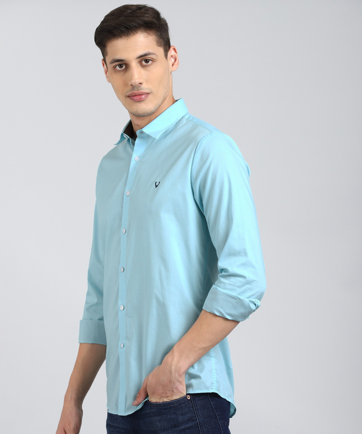 Image of Allen Solly Men Solid Casual Blue Shirt