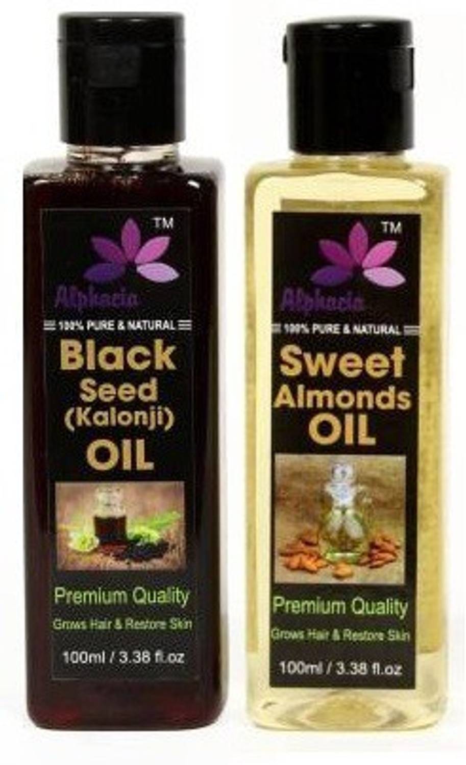Alphacia 100% Pure & Natural Black Seed Oil & Sweet Almond Oil 100ml each (2 Bottle) 200ml Hair Oil
