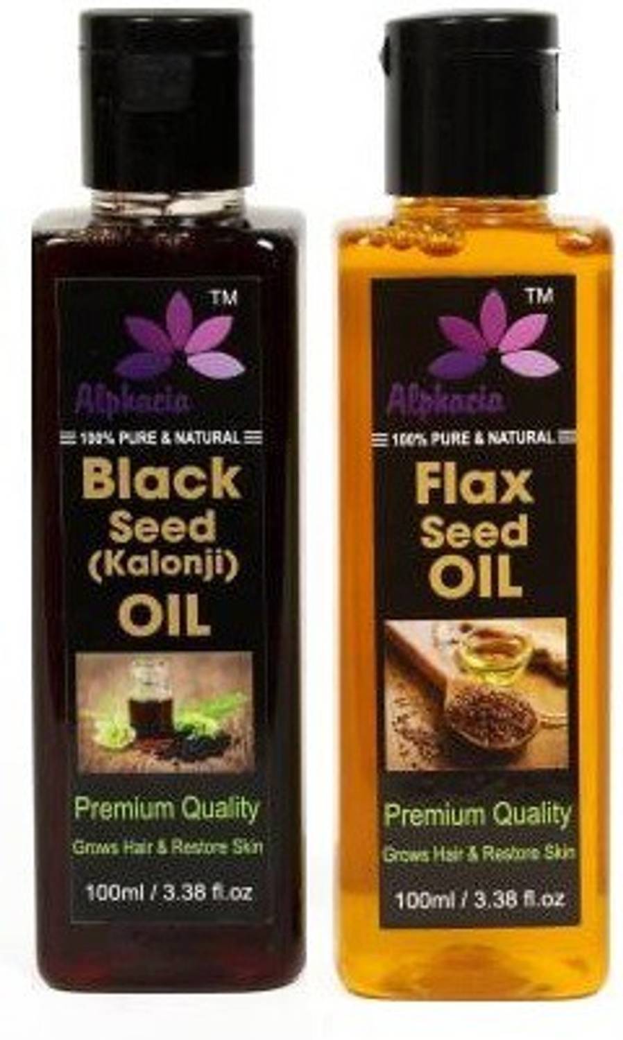 Alphacia 100% Pure & Natural Black Seed Oil & Flax Seed Oil 100ml each (2 Bottle) 200ml Hair Oil