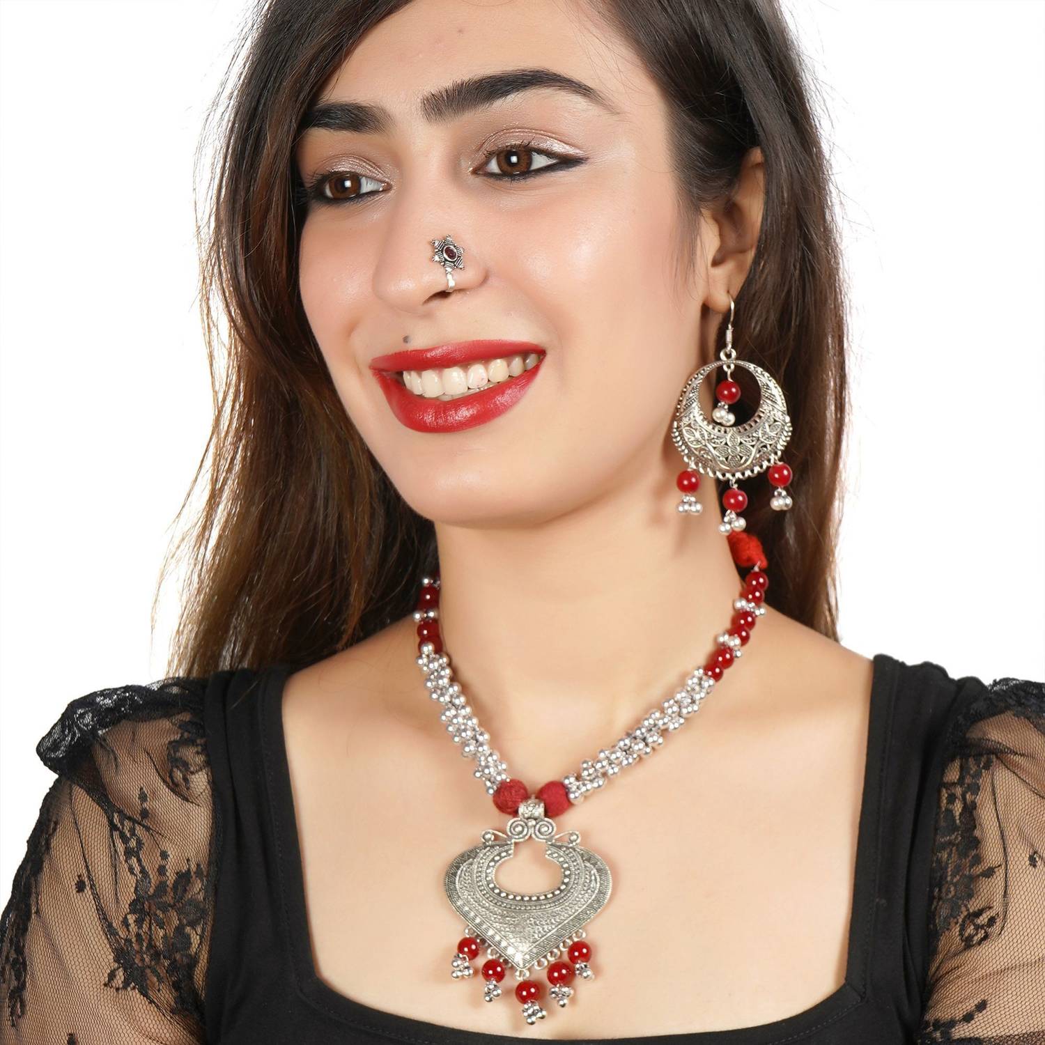 AHOORA Oxidised Silver Silver Red Jewellery Set