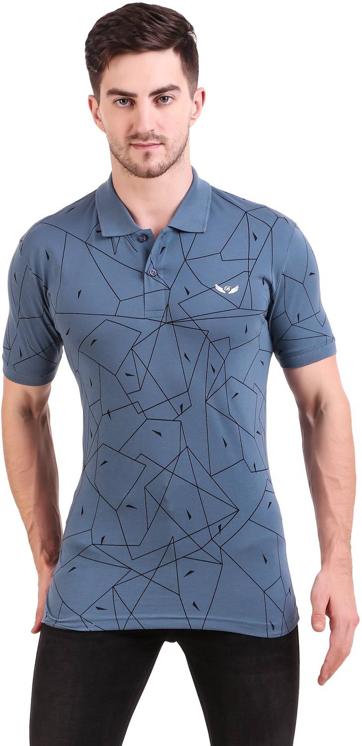 BRAVEZI Geometric Print Men Polo Neck Grey T-Shirt