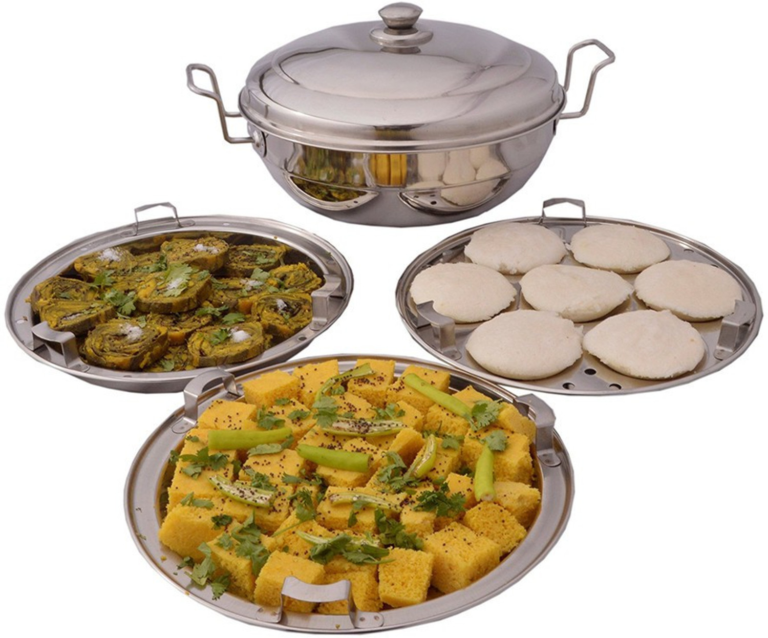 Image of WAYMORE Idli Dhokla Cooker 5 Plate, 2Idli|2Dhokla|1Patra|Momos Steamer|3 in 1|28.5cm Dia Induction & Standard Idli Maker (5 Plates, 14 Idlis )