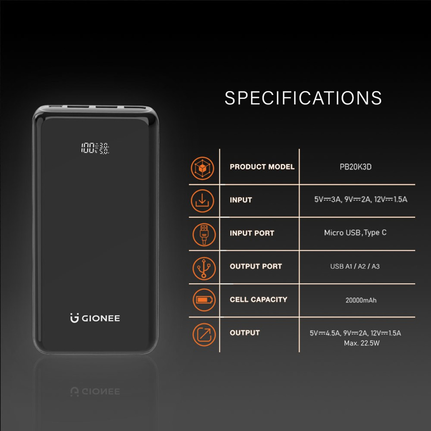 Image of GIONEE 20000 mAh 22.5 W Power Bank