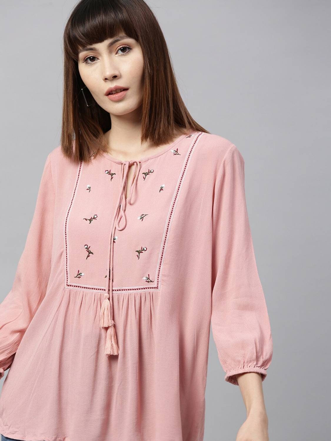 CHEMISTRY Casual 3/4 Sleeve Embroidered Women Pink Top