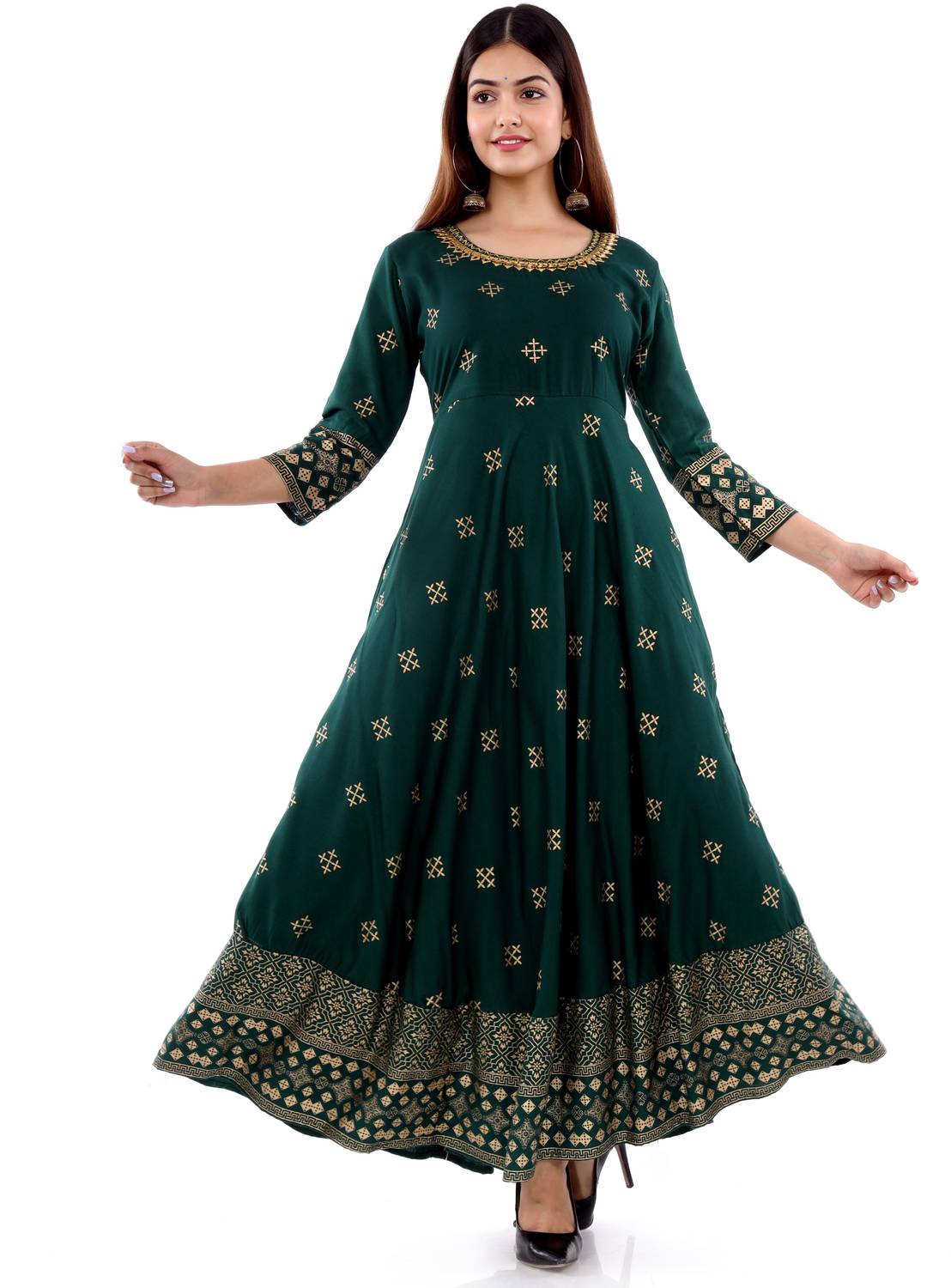 DOM Women Printed Viscose Rayon Anarkali Kurta (Dark Green)