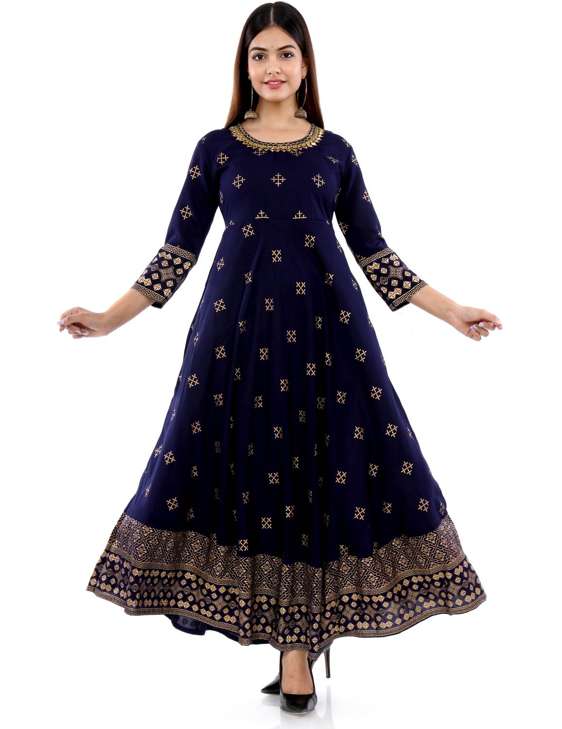 DOM Women Printed Viscose Rayon Anarkali Kurta (Dark Blue)