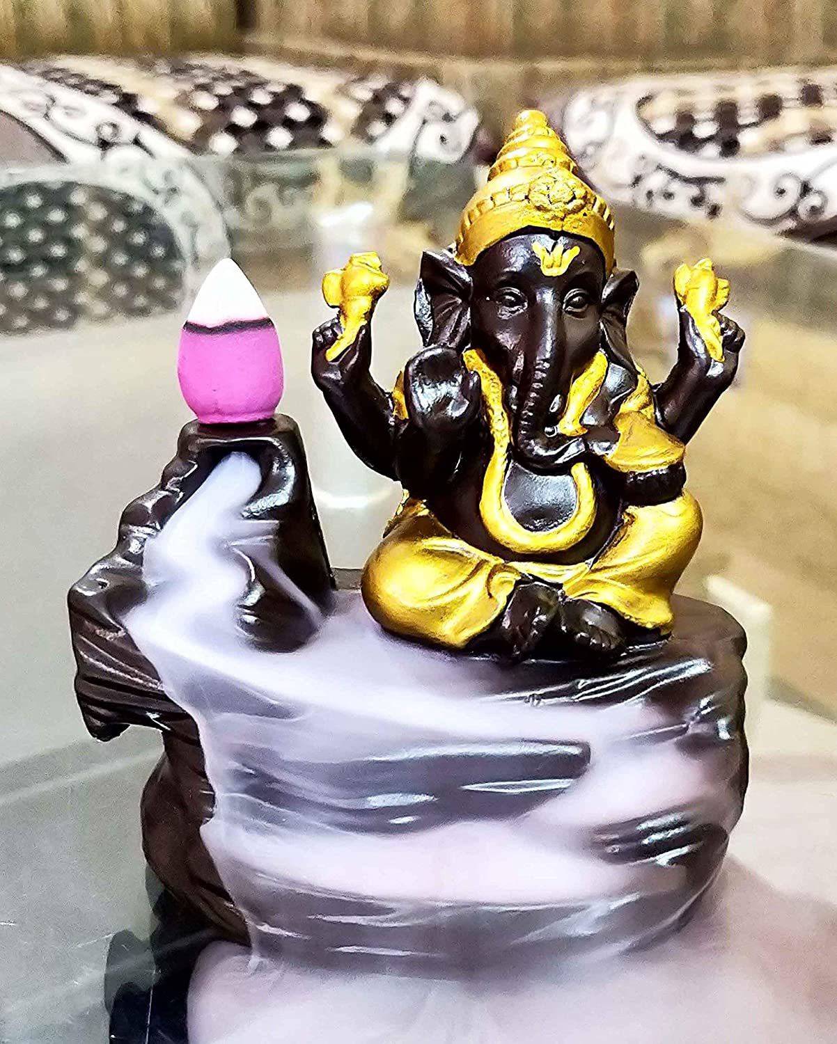 Country hub Handcrafted Lord Ganesha Smoke Backflow Cone Incense Holder Decorative Showpiece with 10 Free Smoke Backflow Scented Cone Incenses Decorative Showpiece - 9.5 cm