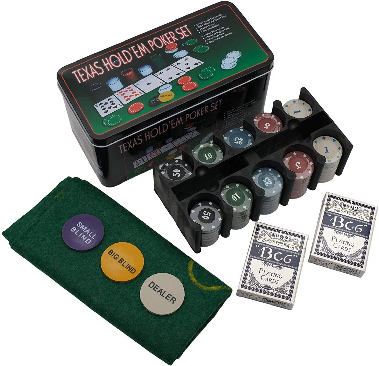 Image of Jango Poker Set With 200 Chips ,Poker Mat ,2 Deck Cards (Tin Box