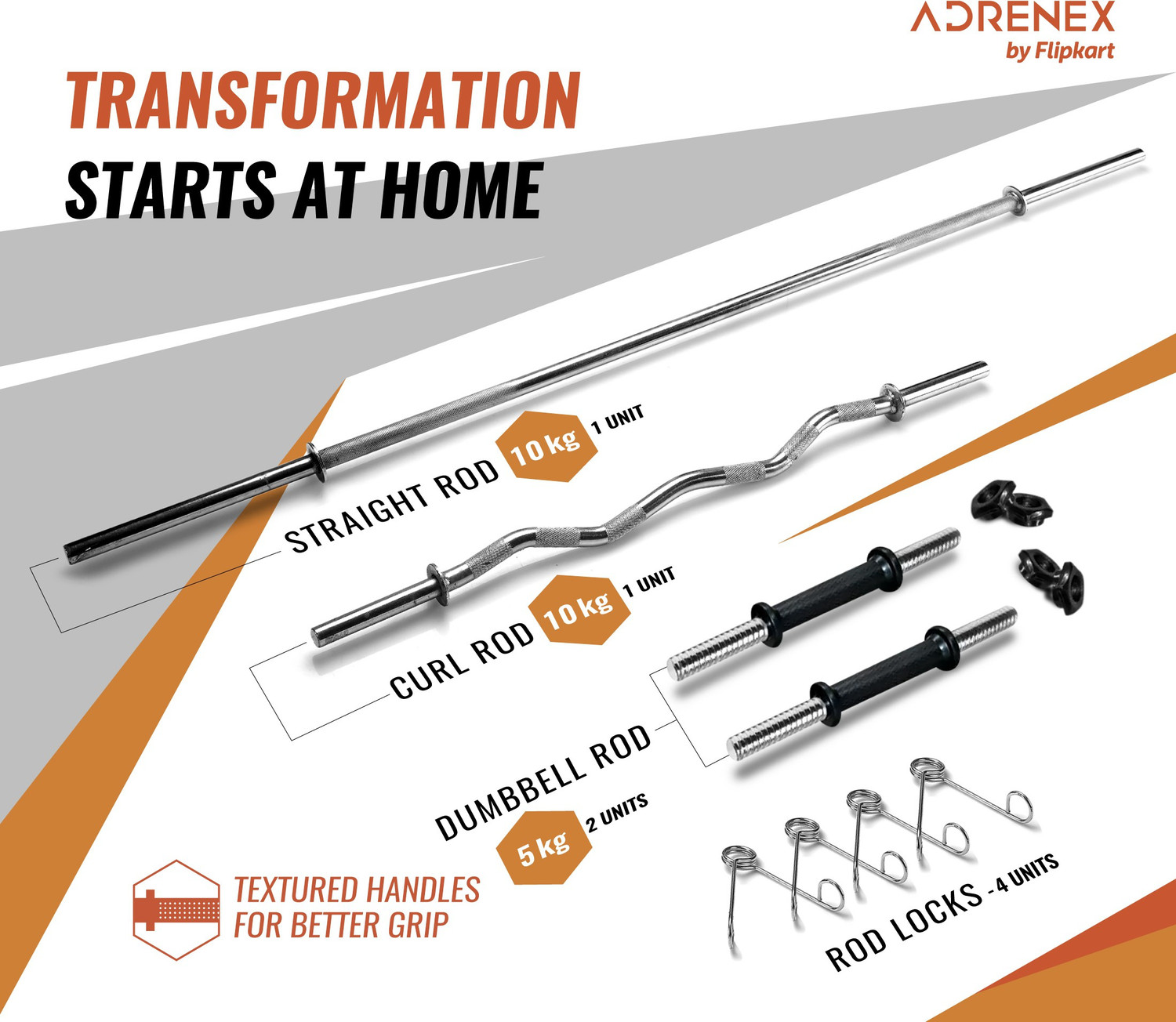 Image of Adrenex 50 kg With Straight, Curl and Dumbbell Rods Home Gym Combo
