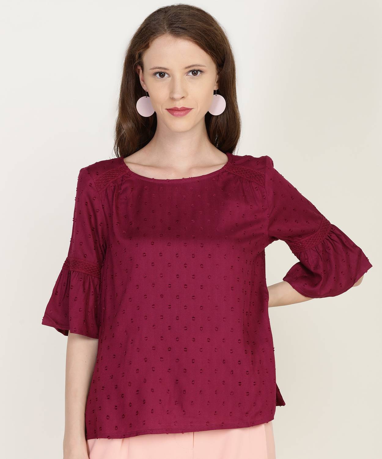 AEROPOSTALE Casual Bell Sleeve Self Design Women Maroon Top