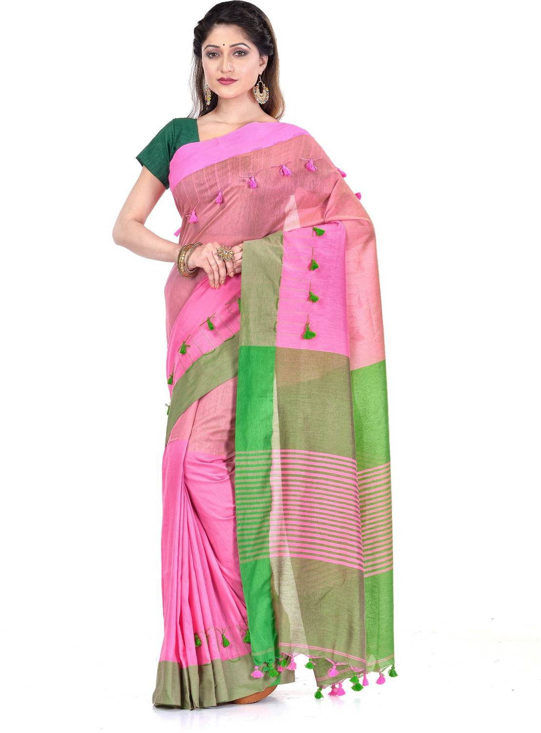 TANTLOOM Striped Handloom Handloom Pure Cotton Saree (Green, Pink