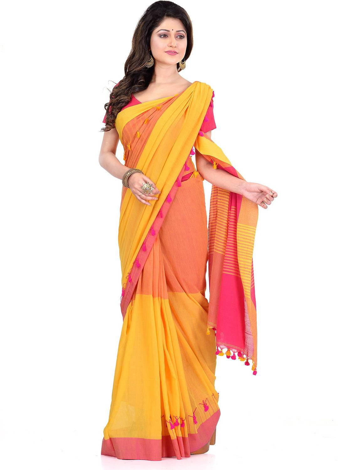 TANTLOOM Striped Handloom Handloom Pure Cotton Saree (Pink, Yello
