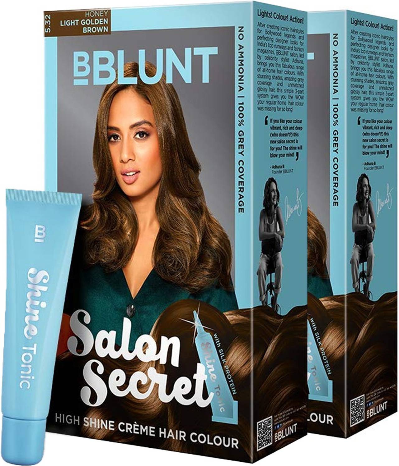 BBlunt Salon Secret High Shine Creme Hair ColourGolden Brown 5.32(2 x 100g) with Shine Tonic 8ml , Golden Brown 5.32