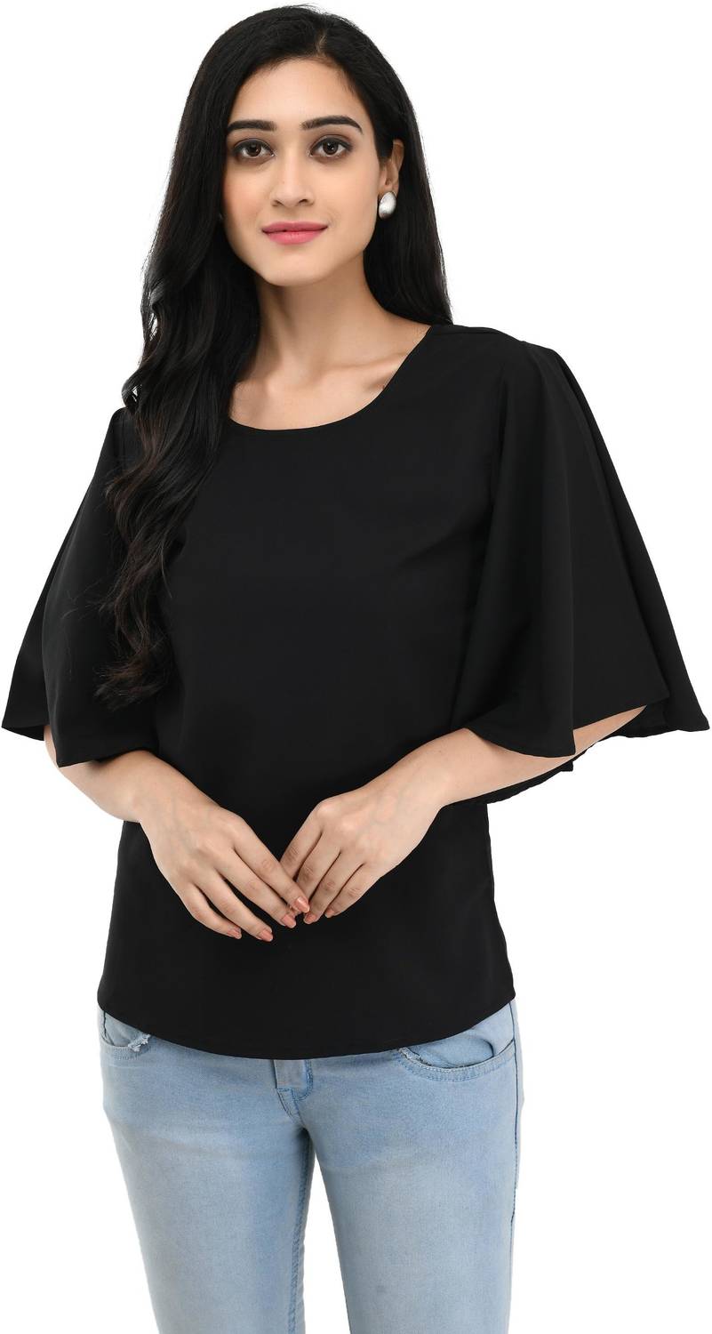 Annectant Casual Flared Sleeve Solid Women Black Top