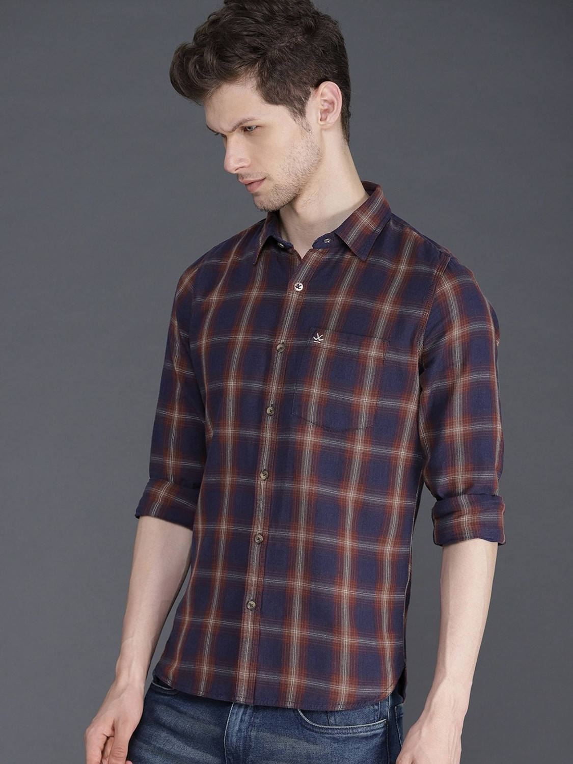 Image of WROGN Men Checkered Casual Brown Shirt
