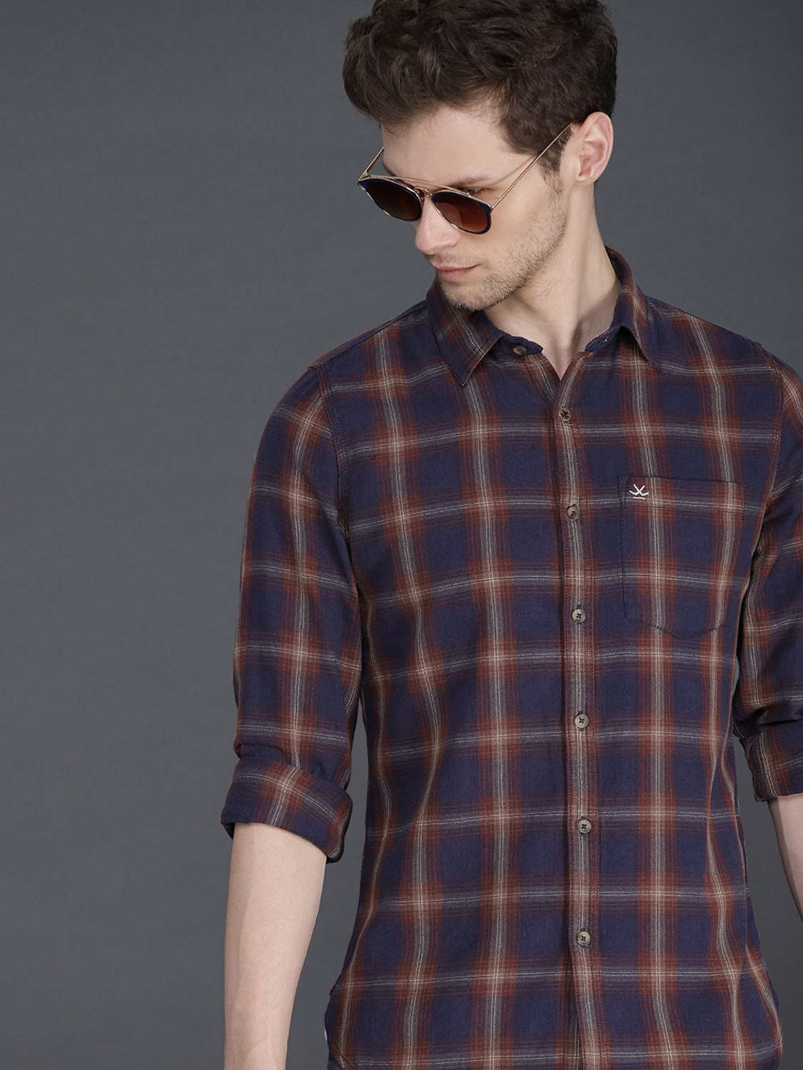 Image of WROGN Men Checkered Casual Brown Shirt