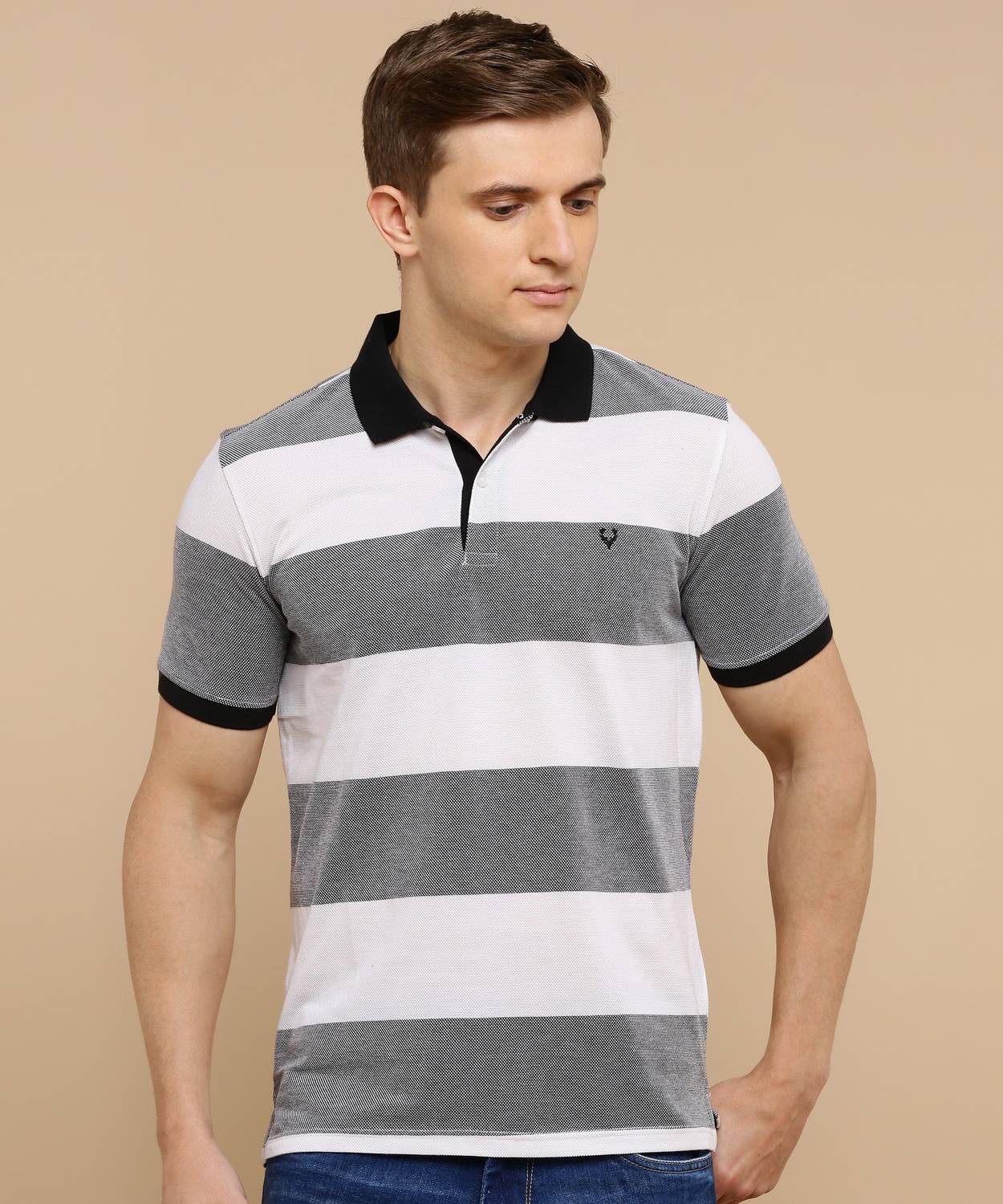 Allen Solly Striped Men Polo Neck Black T-Shirt