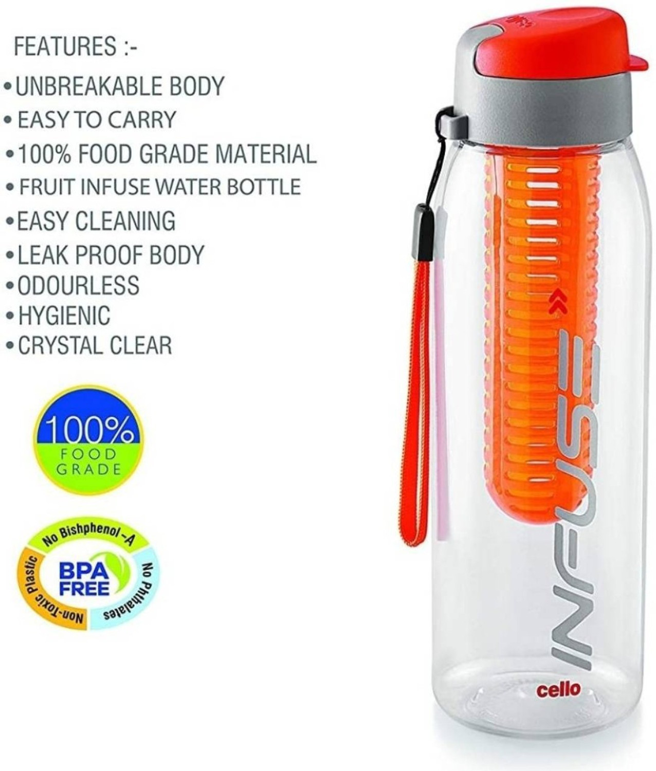 Image of cello Infuse Plastic Water Bottle Set, 800ml, Set of 2, Green /Orange 800 ml Plastic Bottle