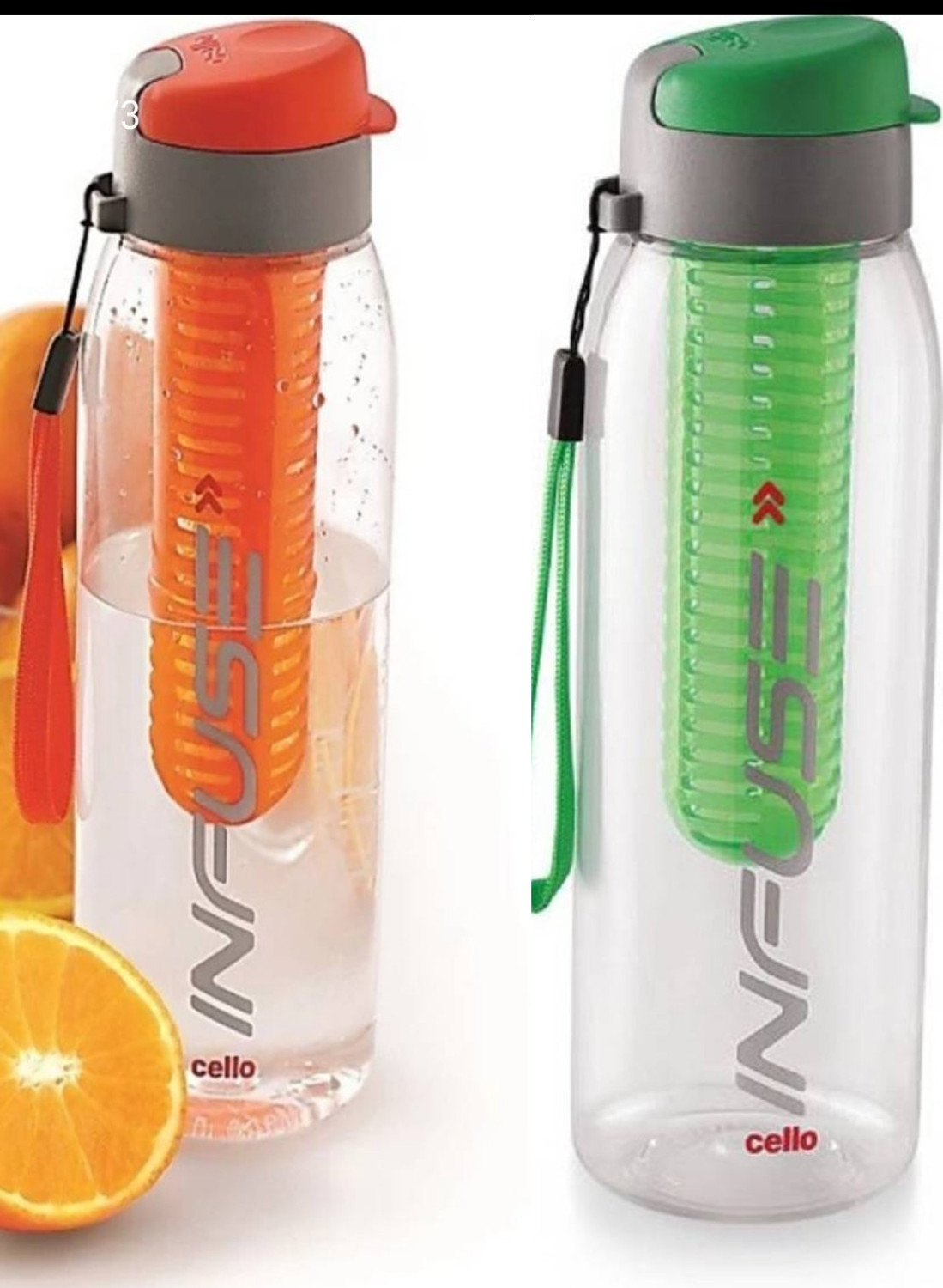Image of cello Infuse Plastic Water Bottle Set, 800ml, Set of 2, Green /Orange 800 ml Plastic Bottle