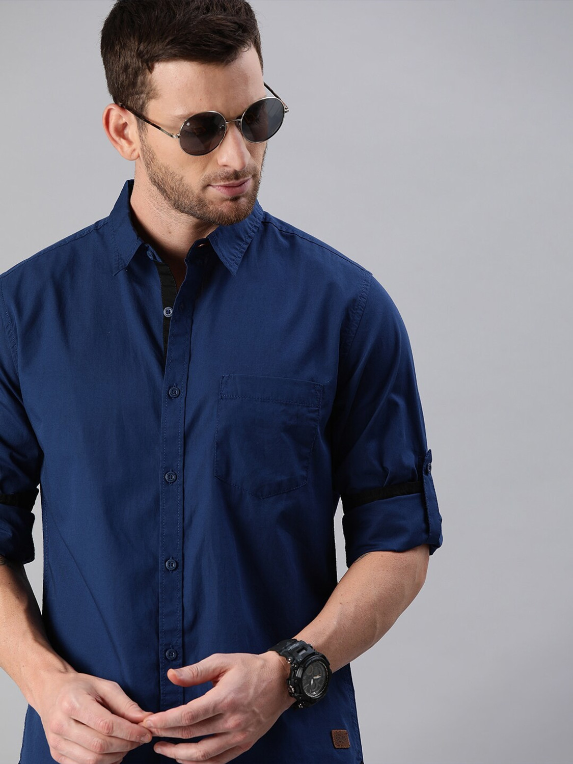 Image of Roadster Men Solid Casual Dark Blue Shirt
