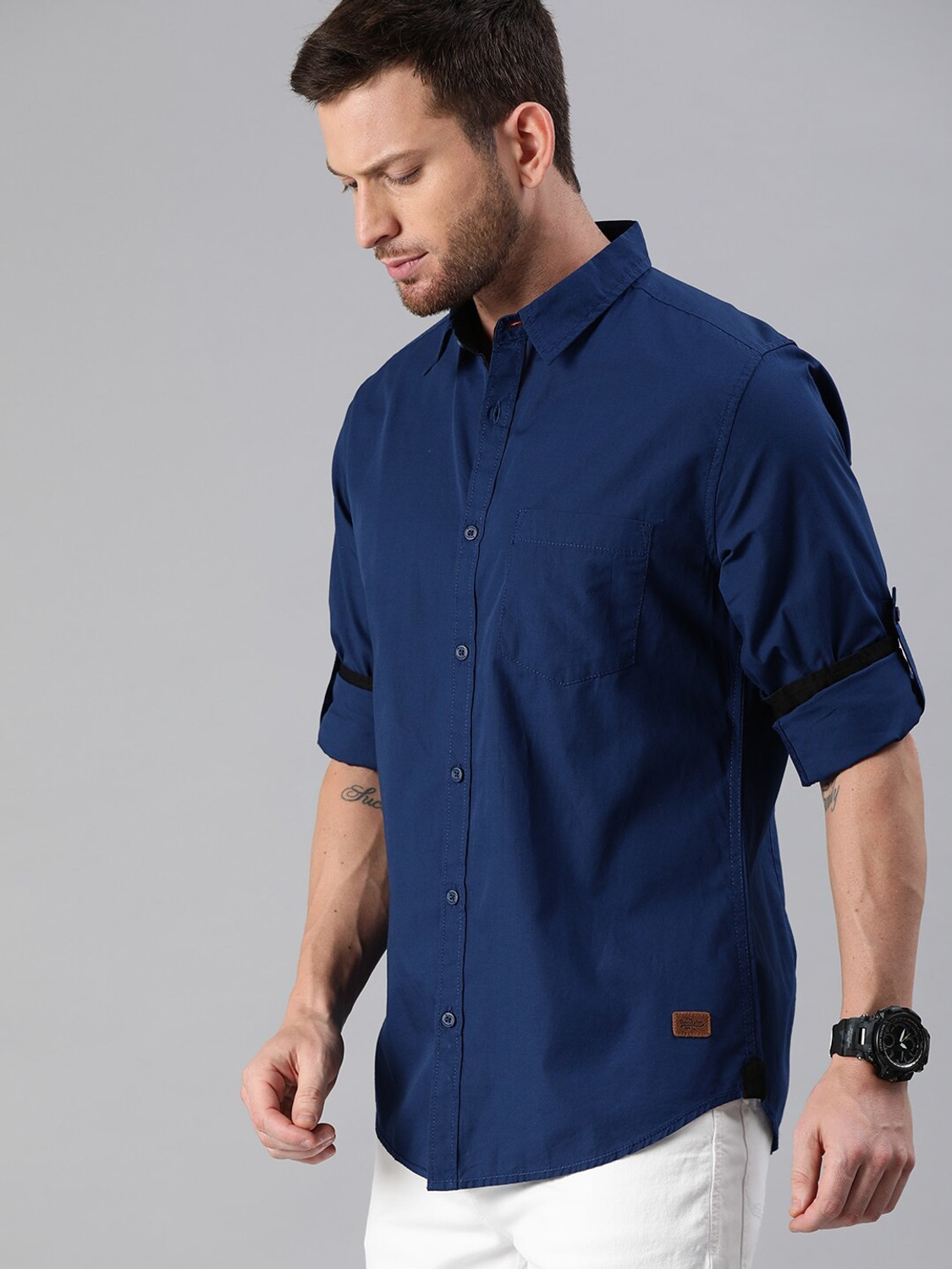 Image of Roadster Men Solid Casual Dark Blue Shirt
