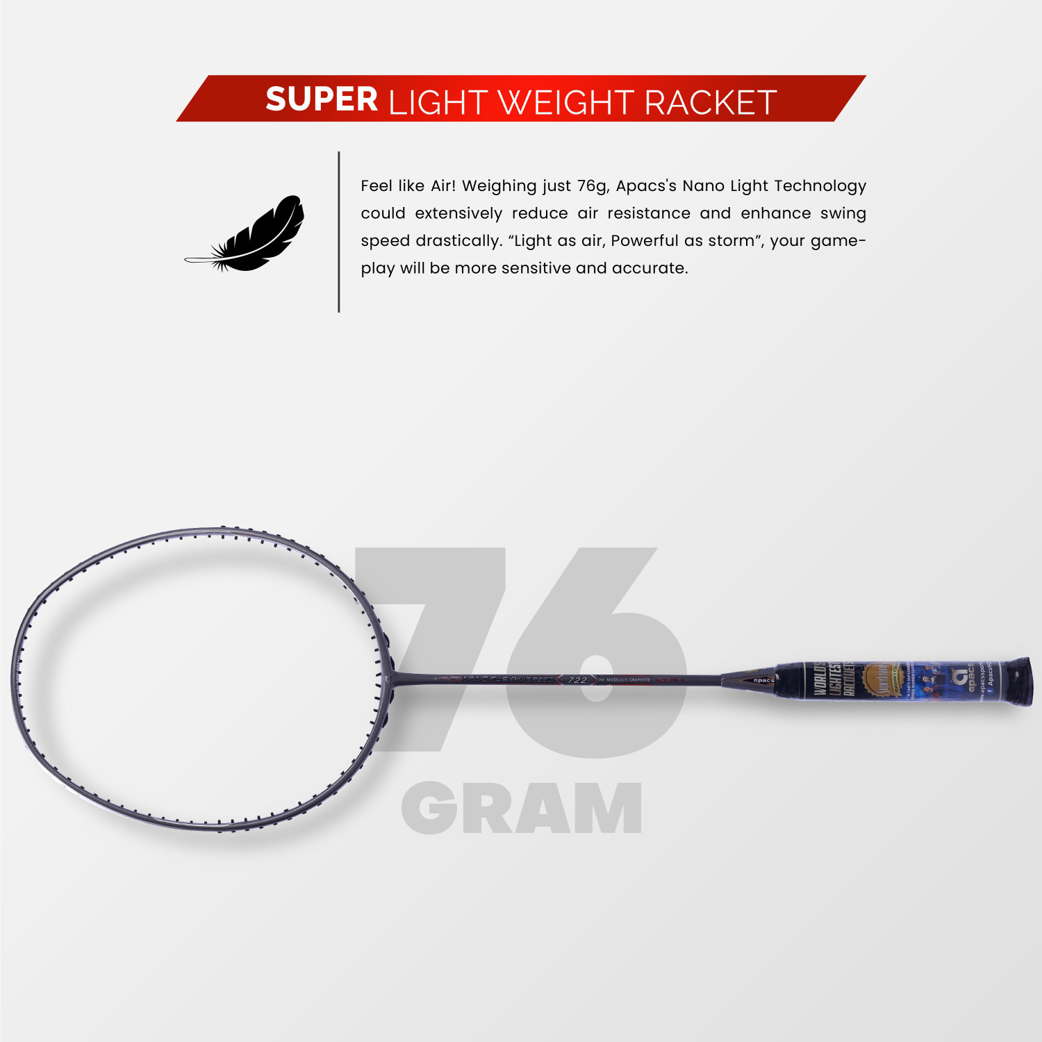Image of apacs Nano Fusion Speed 722 (76g, 30LBS) Grey Unstrung Badminton Racquet