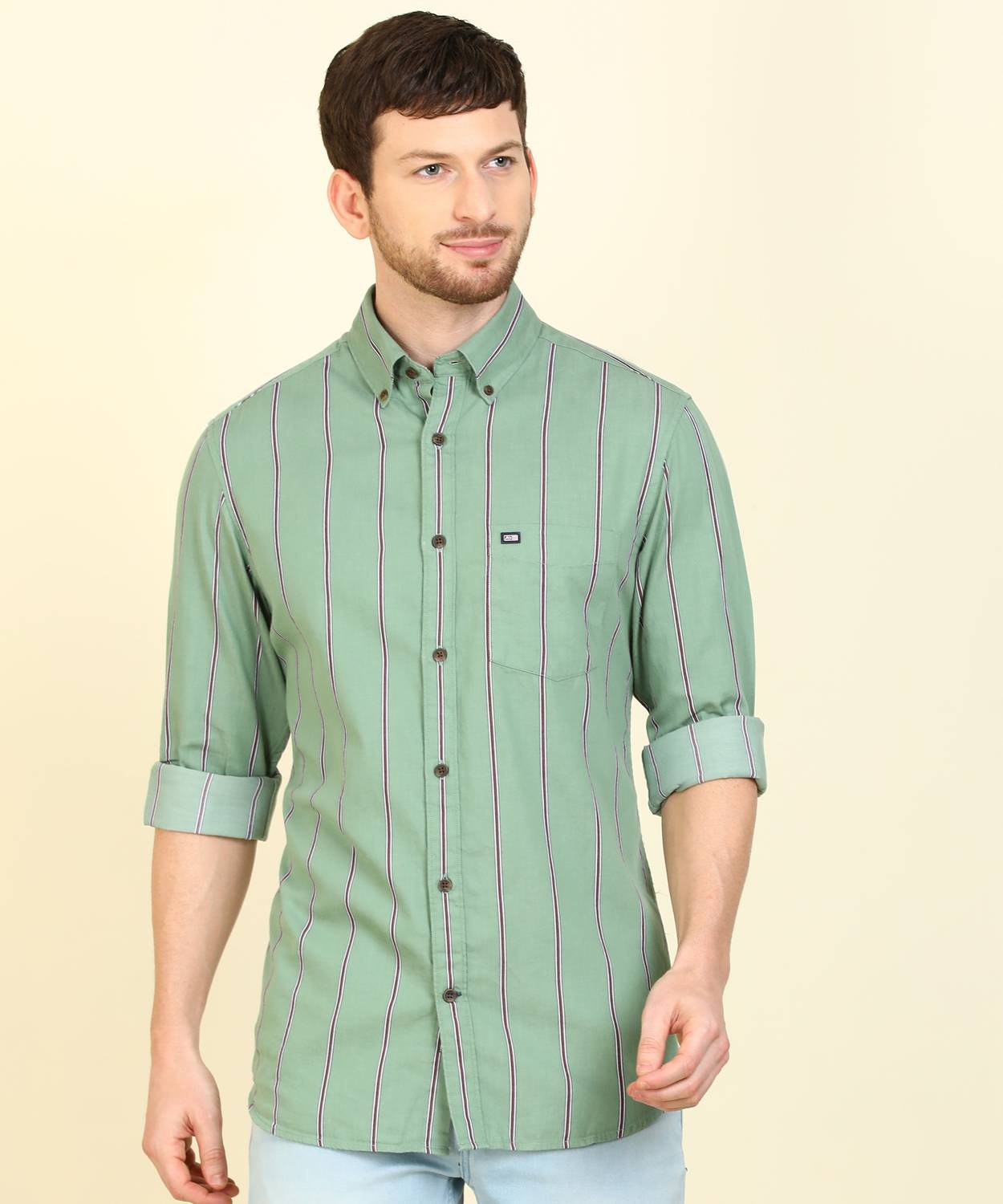 Arrow Sport Men Striped Casual Green Shirt