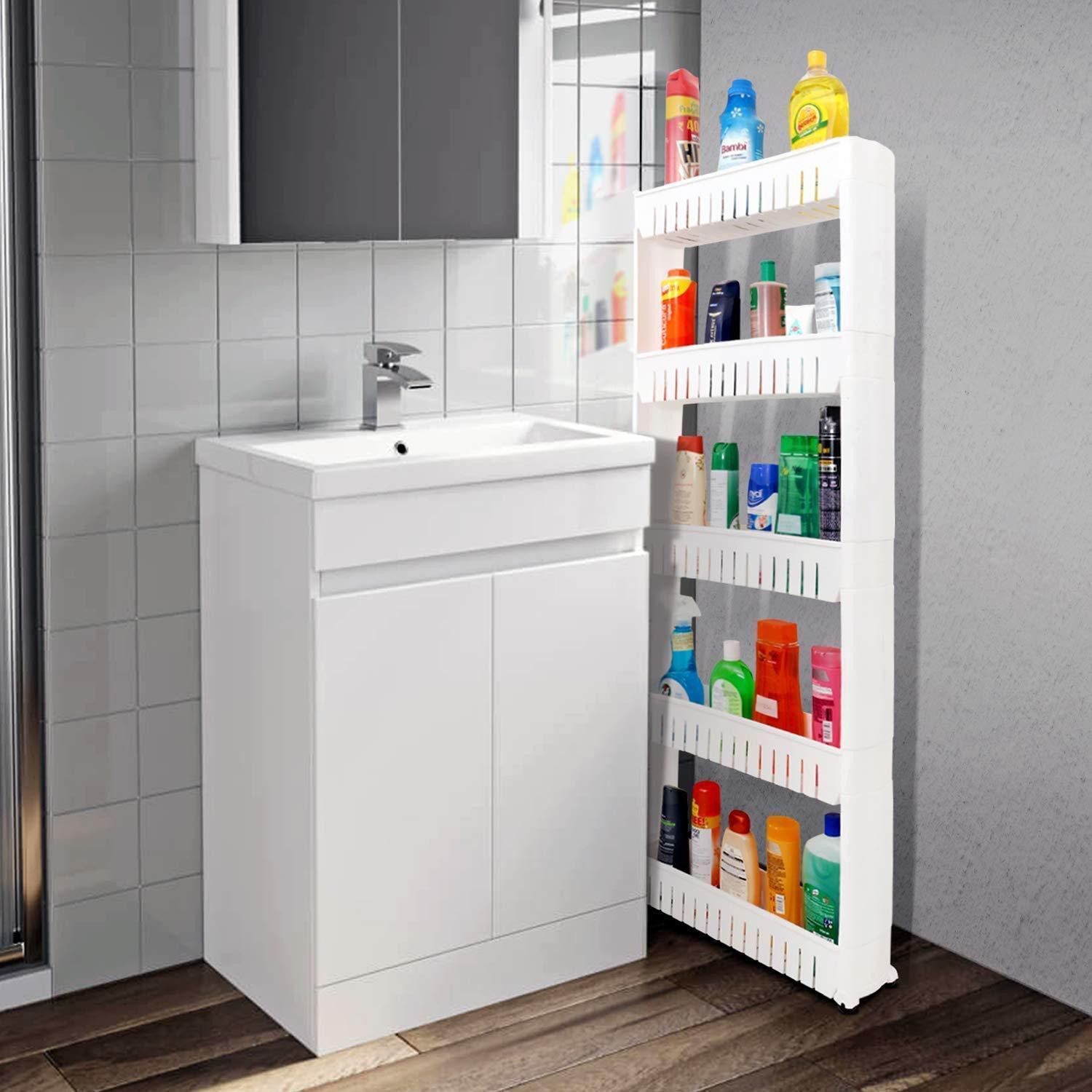 Image of QUISTAL 5 Layer Storage Organizer Multipurpose Slim Rack | White 5 Tier Utility Shelf with Wheels for Kitchen, Bedroom, Bathroom Plastic Kitchen Trolley