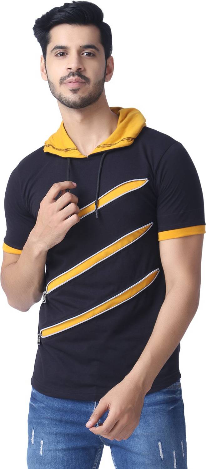 Black Collection Men Self Design Hooded Neck Cotton Blend Black T