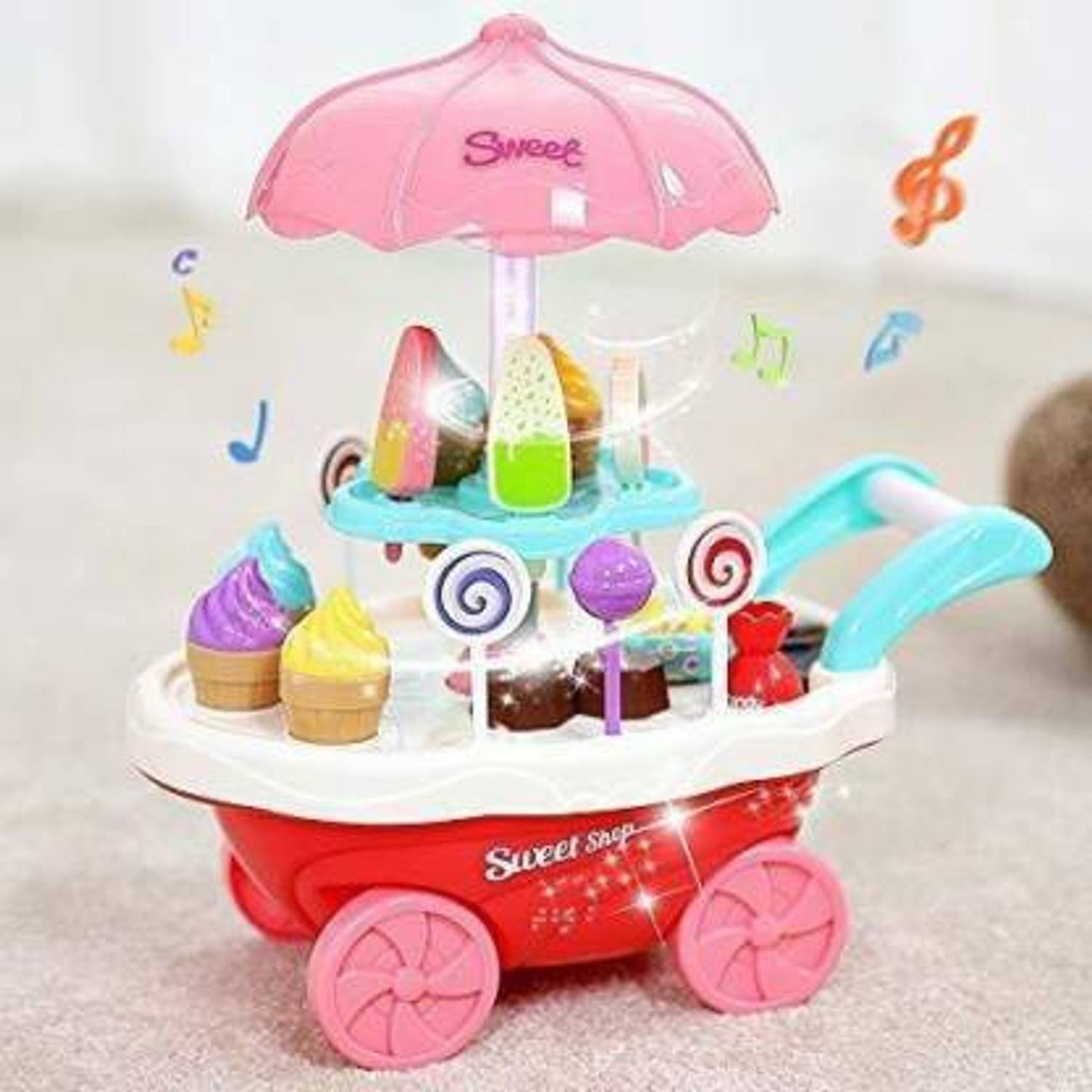 SUVARNA 30Pcs Candy Ice Cream Trolley Children Pretend Play Toys Simulation Candy Music Ice Cream Toys Set Mini Push Car Play House Gift