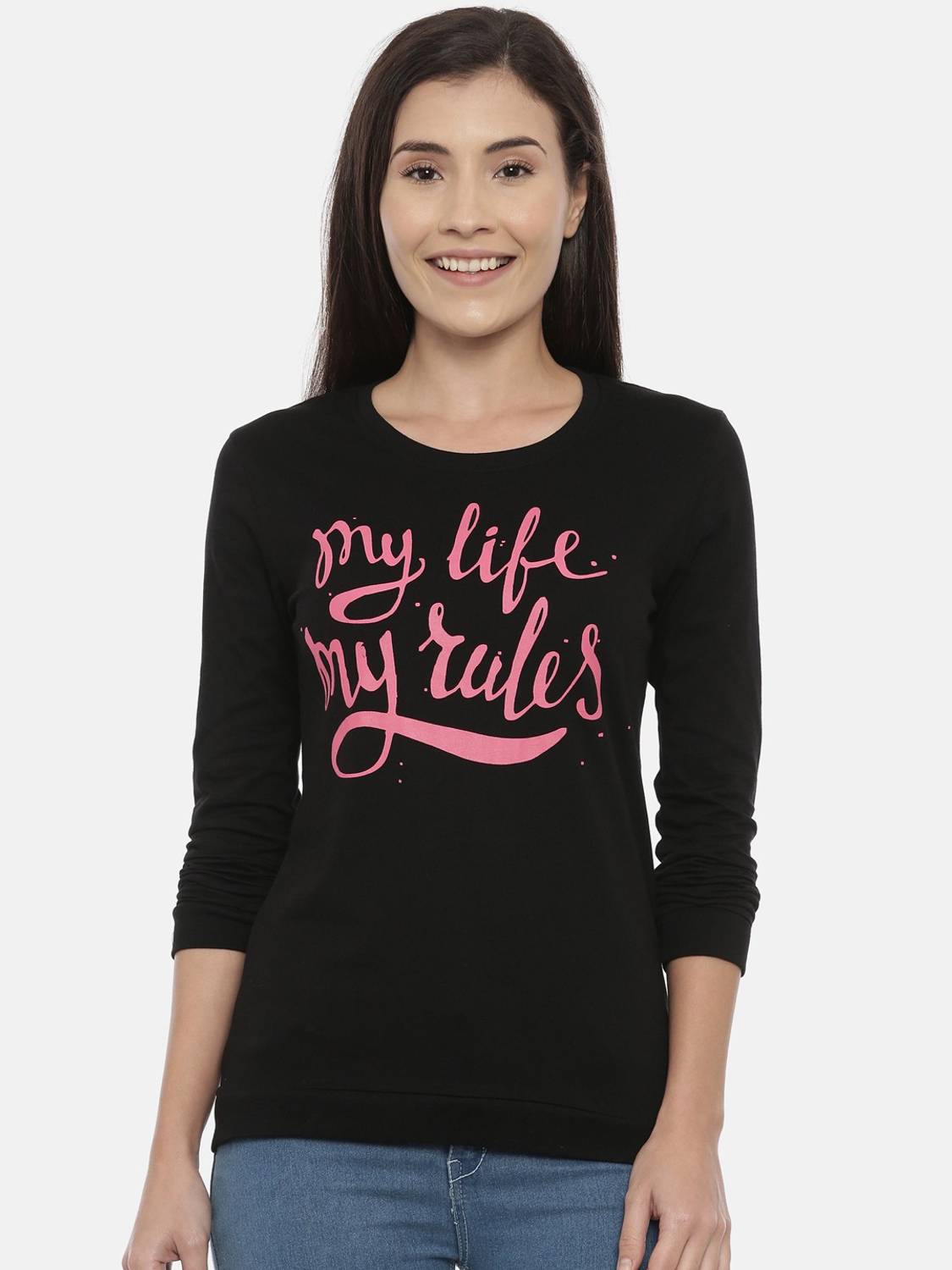 3Pin Printed Women Round Neck Black T-Shirt
