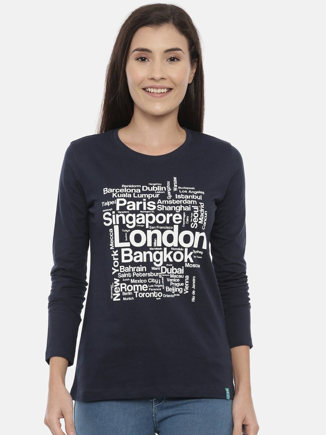 3Pin Printed Women Round Neck Dark Blue T-Shirt