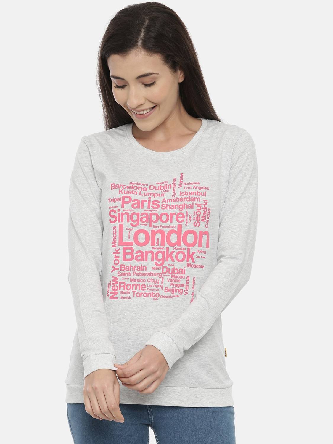 3Pin Printed Women Round Neck Grey T-Shirt