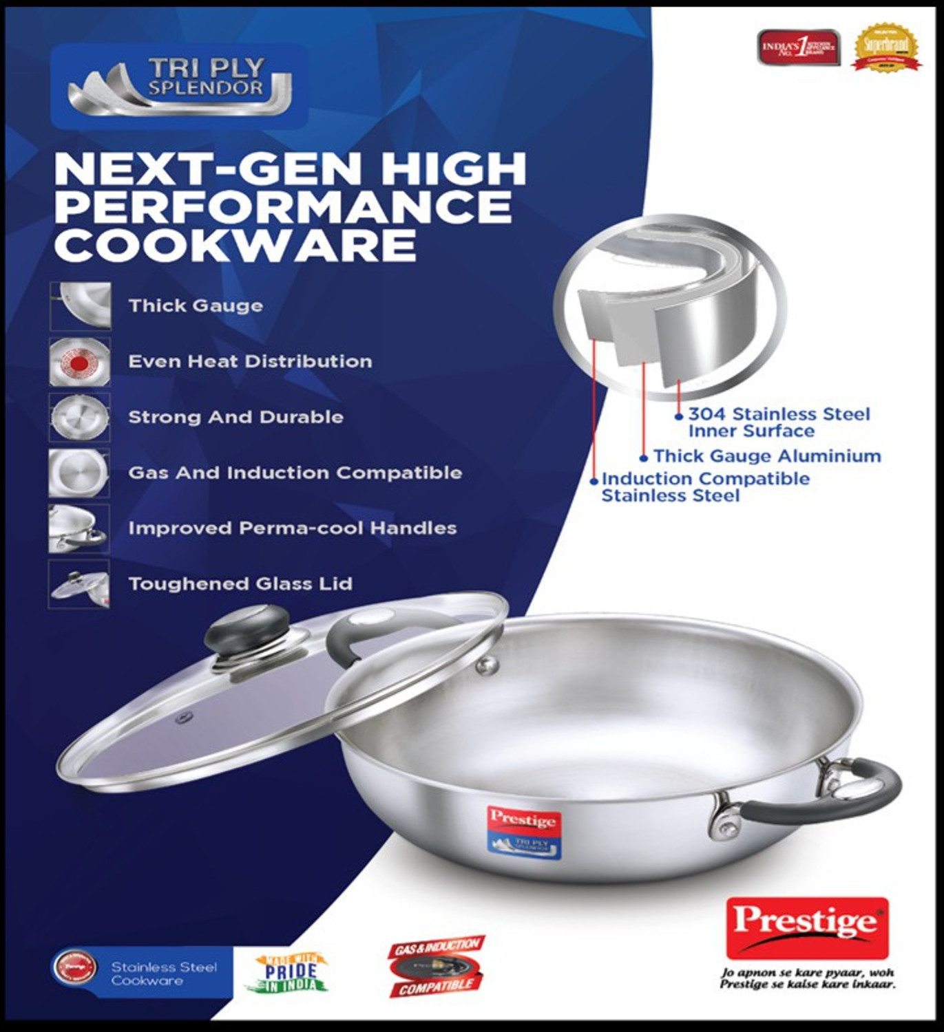 Image of Prestige Triply Splendor Kadhai 22 cm diameter with Lid 2 L capacity