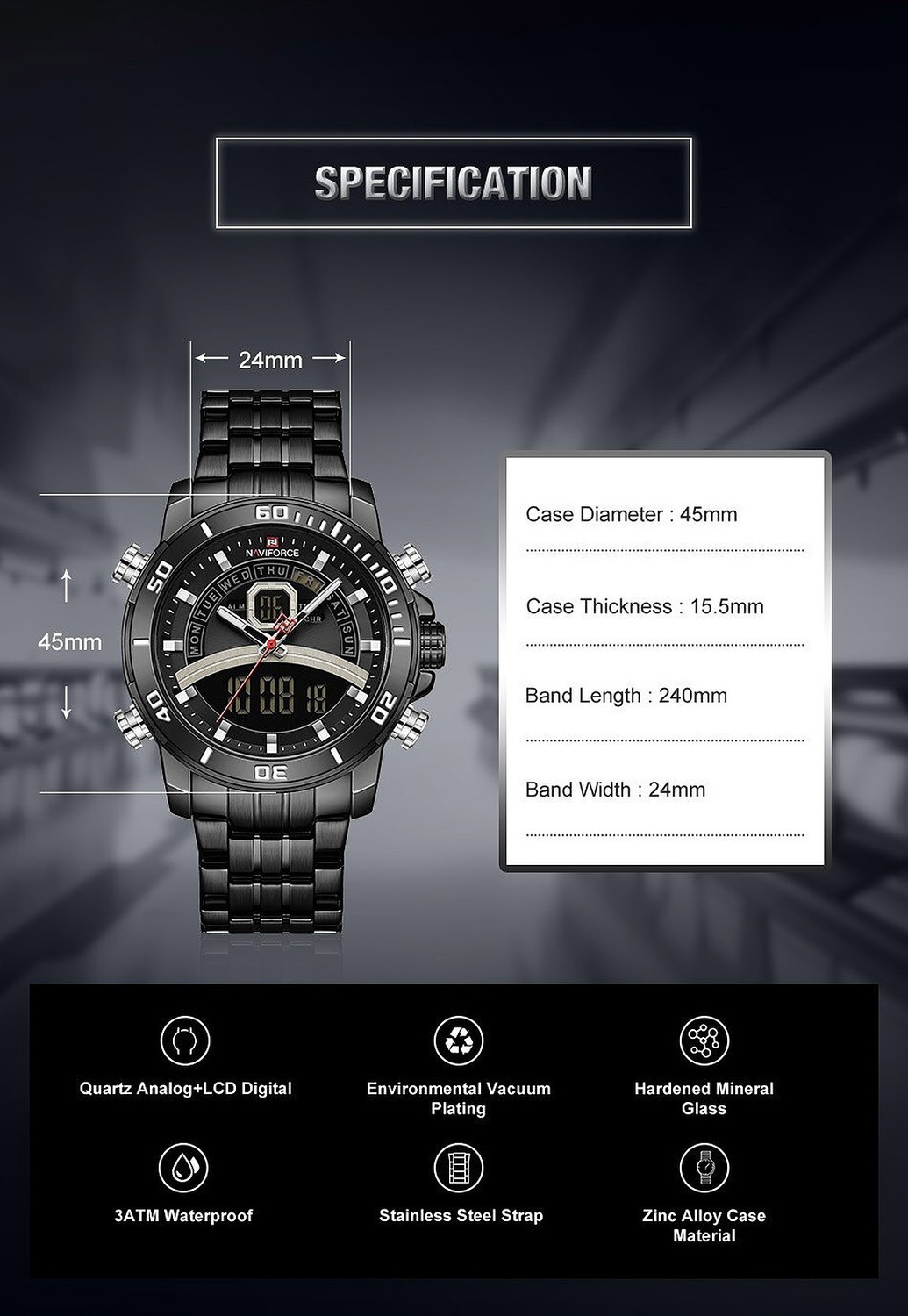 Image of NAVIFORCE NF9181-BK NF9181 Analog-Digital Watch - For Men