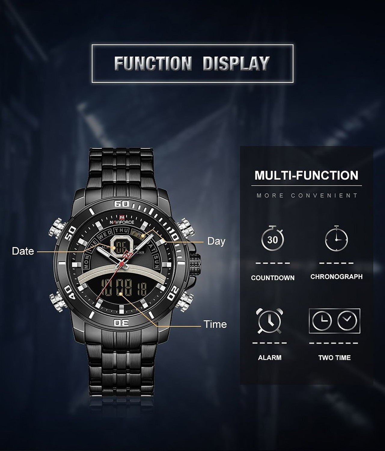 Image of NAVIFORCE NF9181-BK NF9181 Analog-Digital Watch - For Men