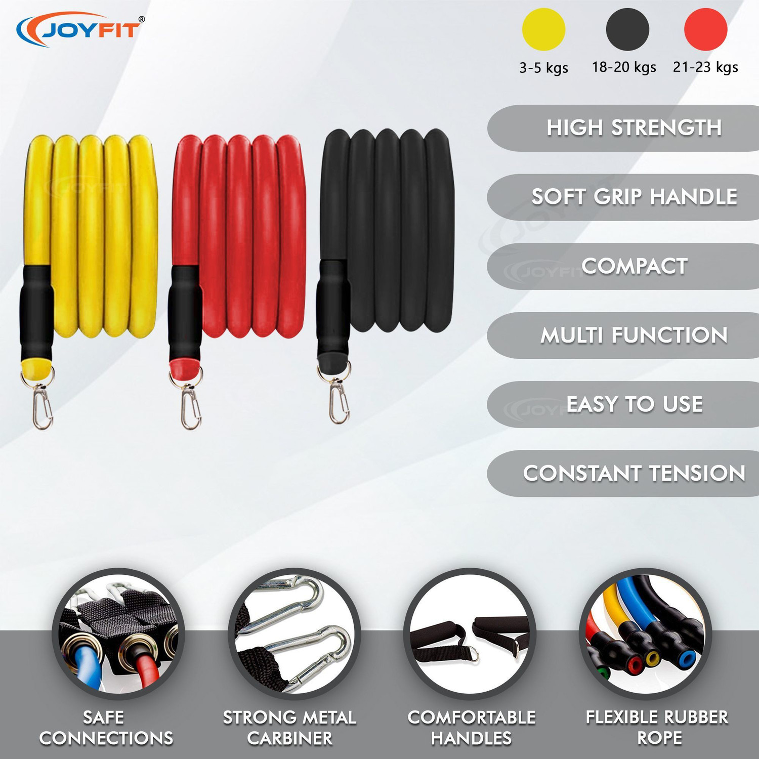 Image of Joyfit Toning Tube set with Handles, Door Anchor, Exercise Guide Resistance Tube (Red, Yellow, Black)