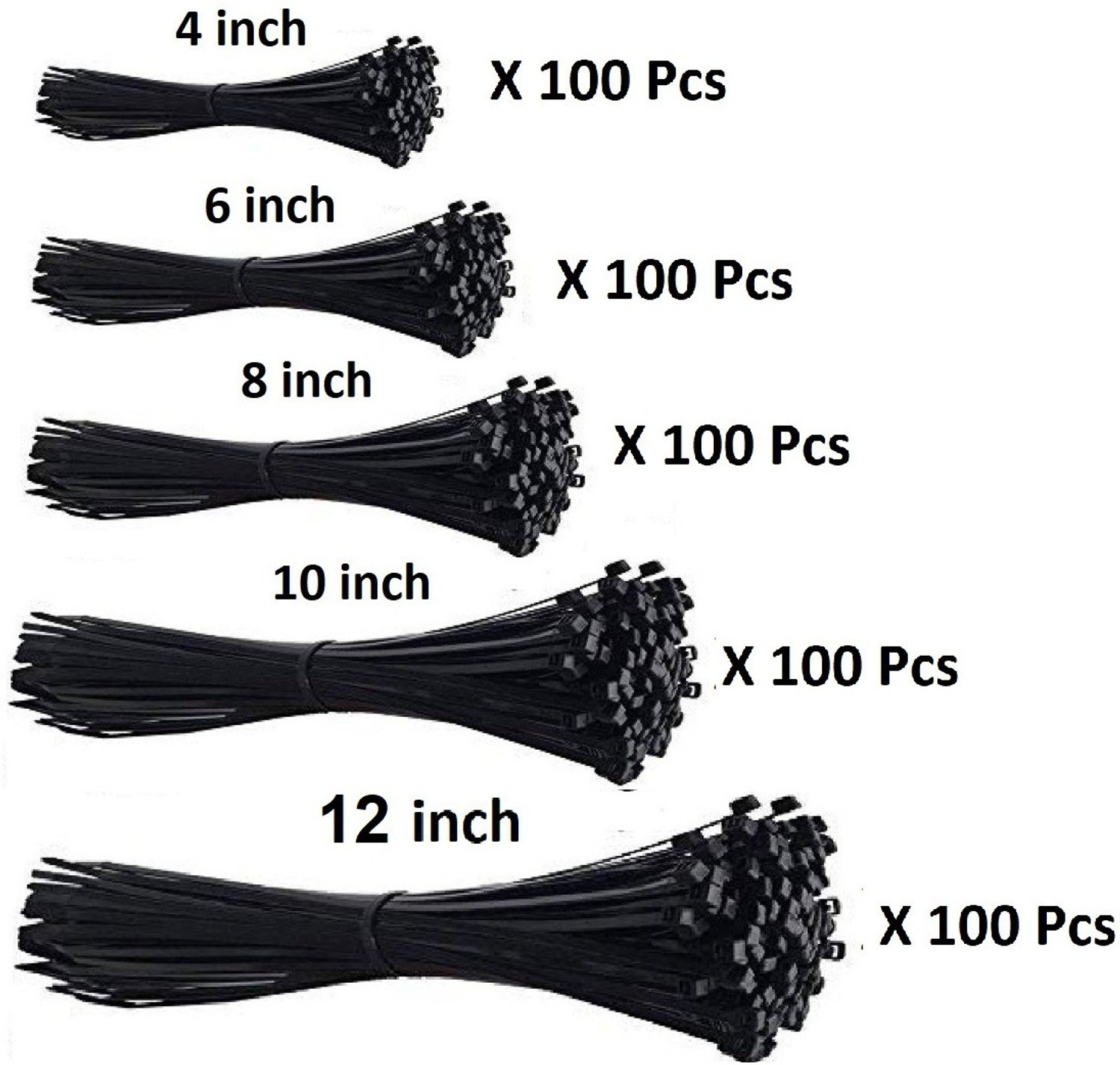 Image of ART IFACT 500 Pieces Combination of Nylon Cable Tie 100 pcs each 4 inch, 6 inch, 8 inch, 10 inch and 12 inch,- Black Nylon Standard Cable Tie