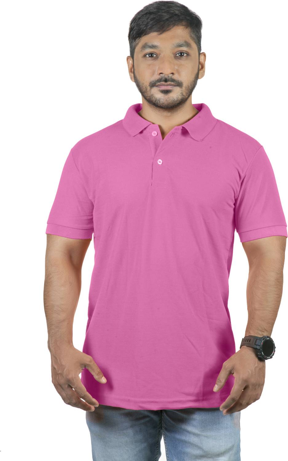 3tee Solid Men Polo Neck Pink T-Shirt