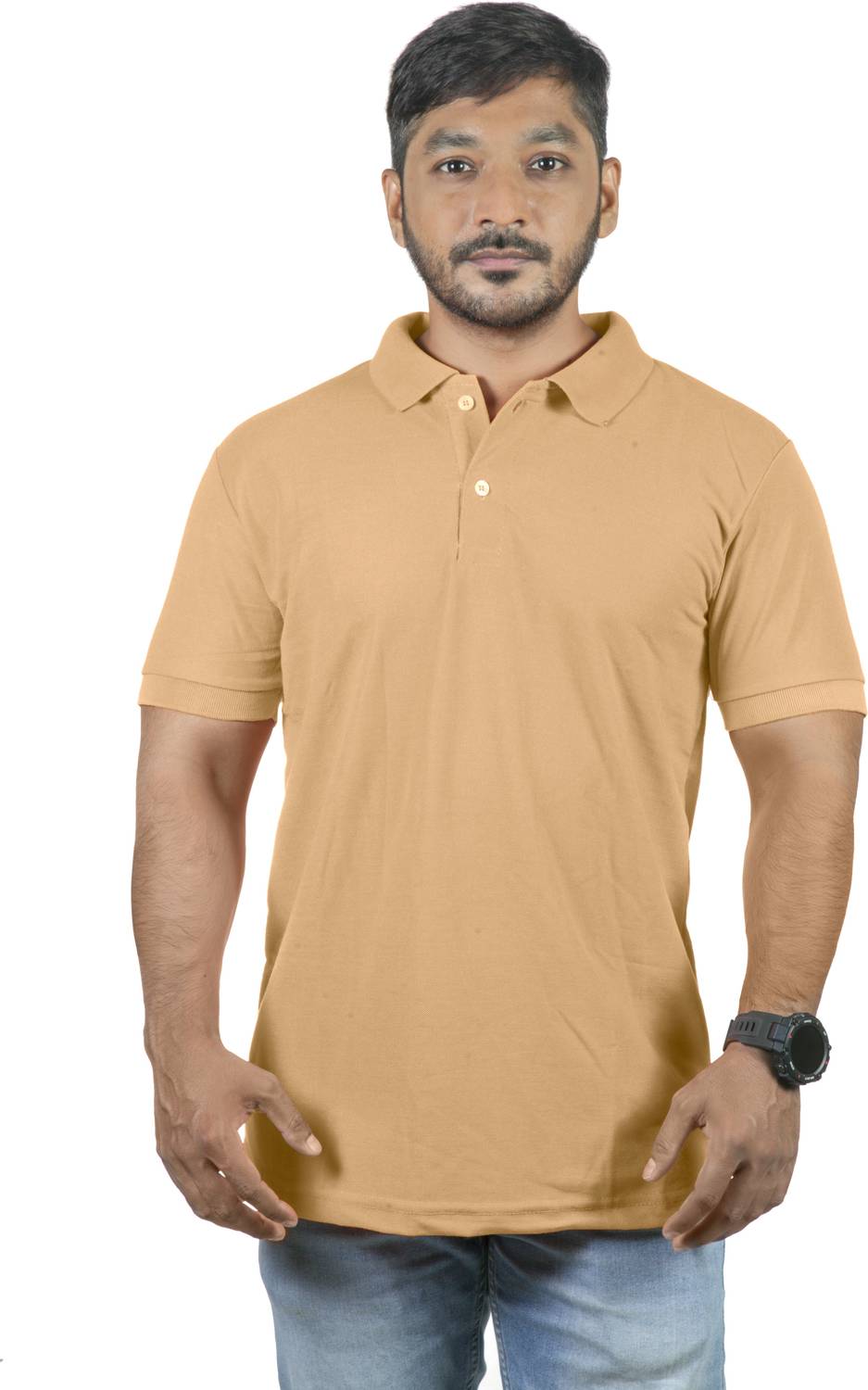 3tee Solid Men Polo Neck Beige T-Shirt