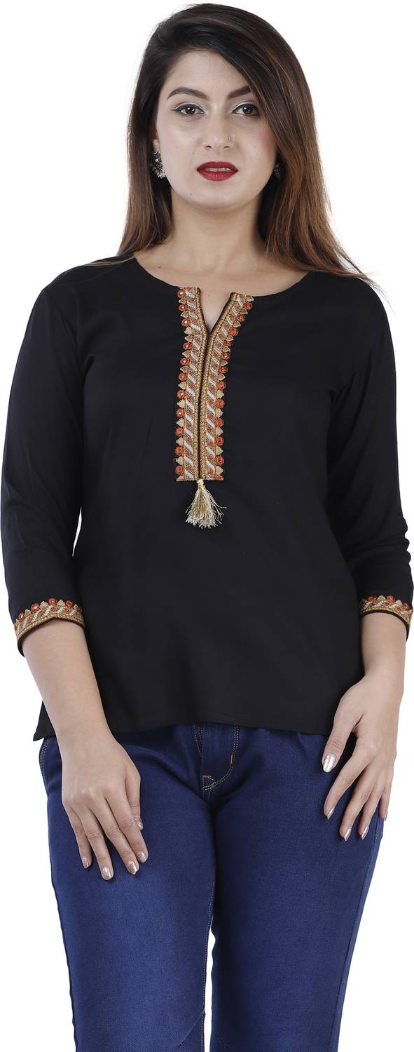 Brijam Casual 3/4 Sleeve Embroidered Women Black Top