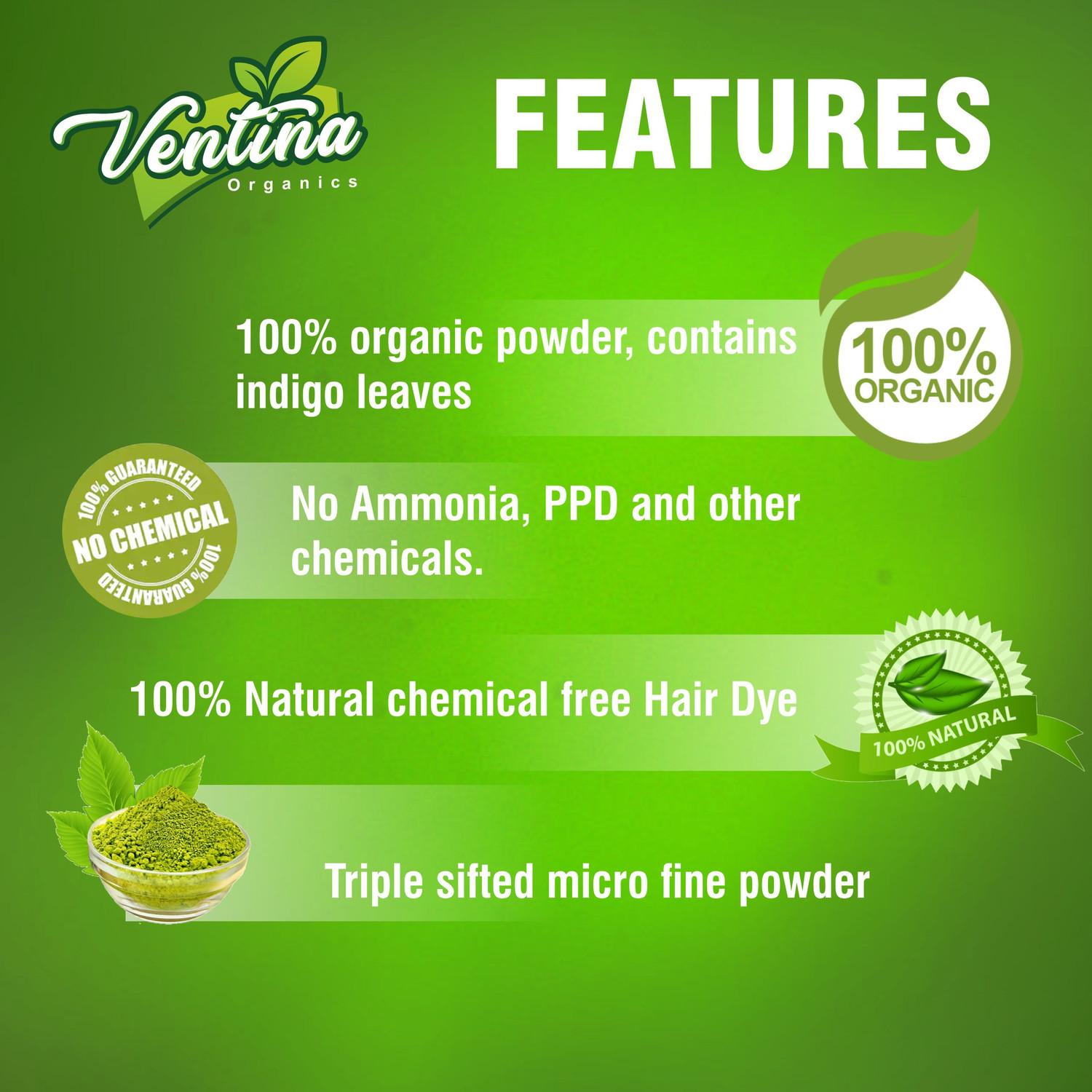 Image of Ventina Organics Indigo Powder (Indigofera Tinctoria) For Hair Pure Neel Powder For Black Hair & Beard Dye /Color