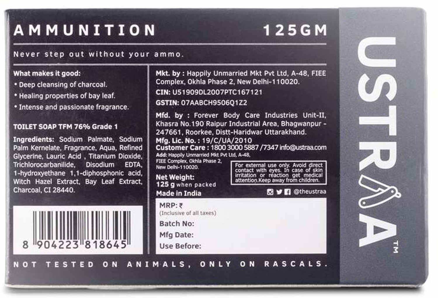 Image of USTRAA Ammunition Cologne Soap with Charcoal & Bay Leaf, Nourishing & Cleansing Soap