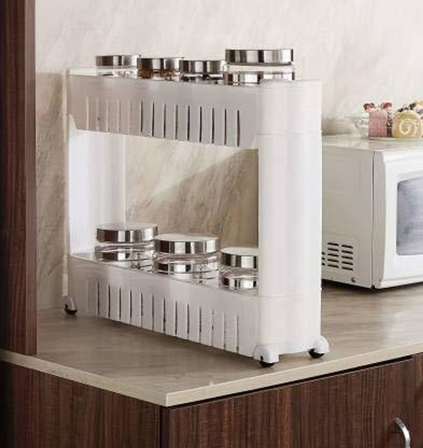 Image of QUISTAL 2 Layer Storage Organizer Multipurpose Slim Rack | White 2 Tier Utility Shelf with Wheels for Kitchen, Bedroom, Bathroom Plastic Kitchen Trolley