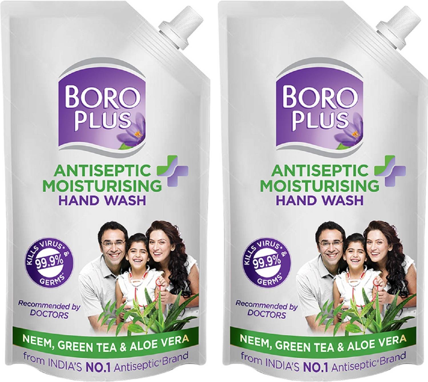 BOROPLUS Antiseptic + Moisturising Hand Wash - Neem, Green Tea & Aloe Vera (Refill Pouch with Spout) Pack of 2 Hand Wash Refill Pouch