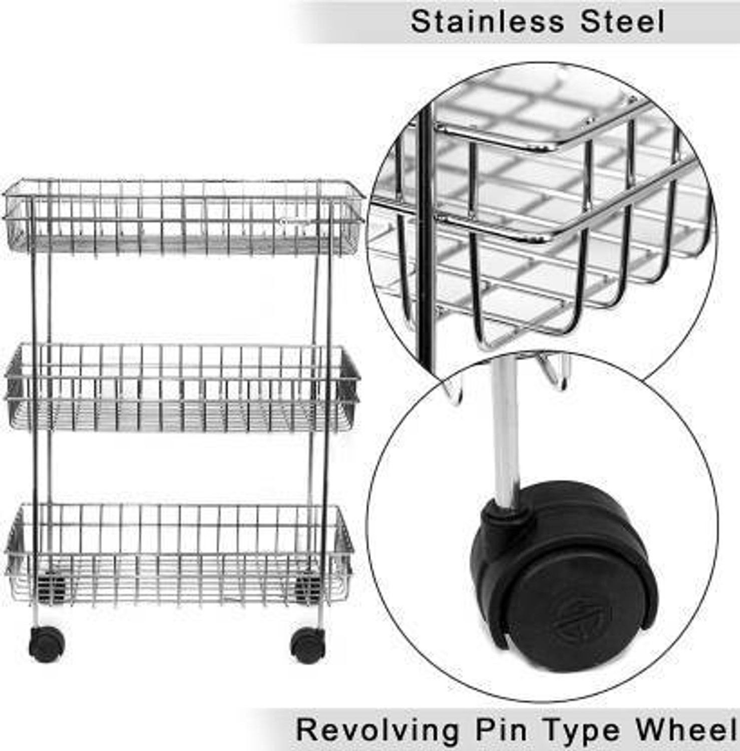 Image of Exiito kitchen 3 Layer Stand for Kitchen Fruit Vegetable Stand Storage Trolley Stainless Steel Kitchen Trolley Stainless Steel Kitchen Trolley