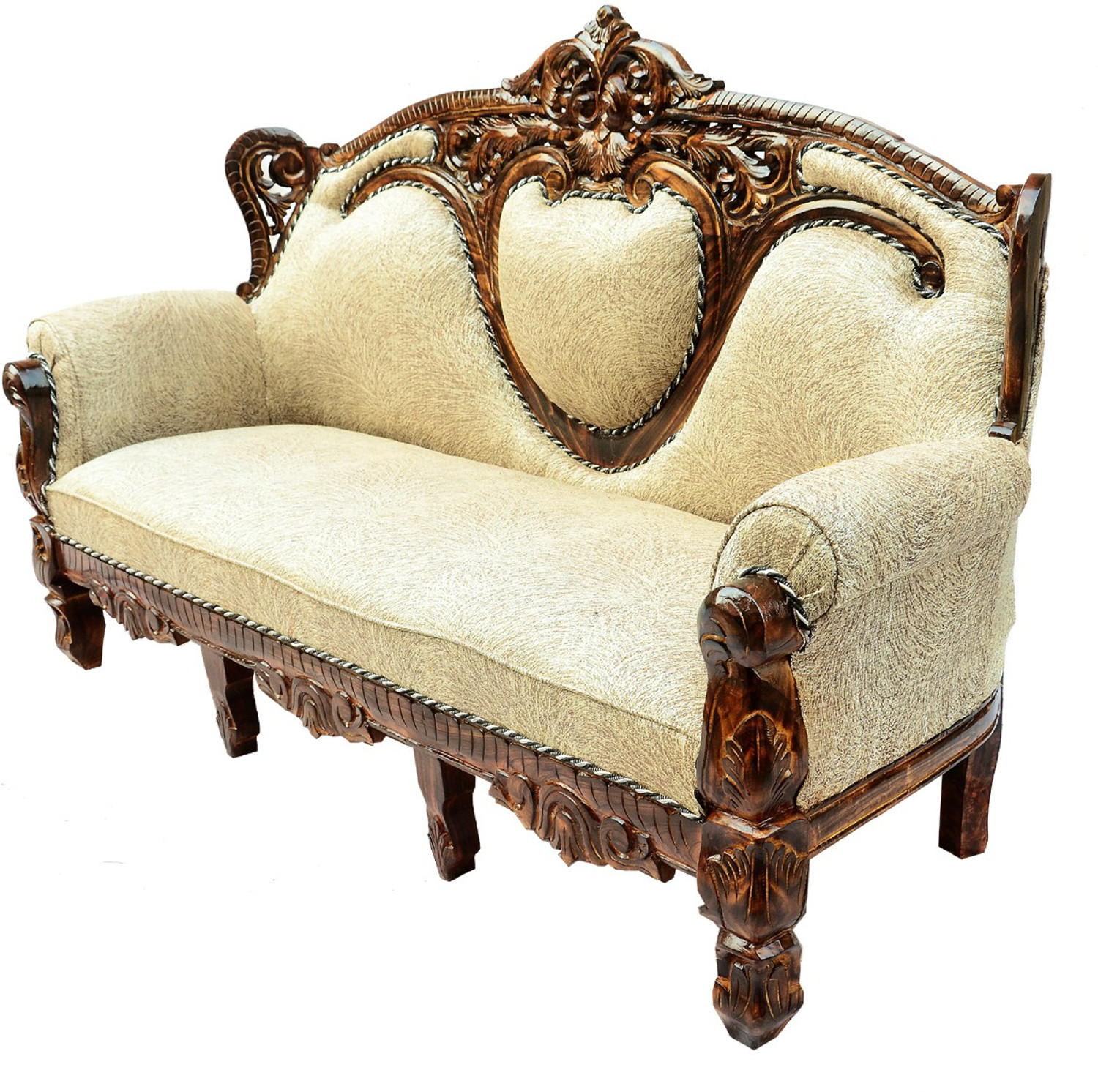 Image of W.S.HANDICRAFTS Wood Sofa Set for Home Living Room Wooden Sofa Set 3+1+1| 5 Seater Sofa Set Furnitures Color of Honey Brown. (polished Finish) Fabric 3 + 1 + 1 Sofa Set