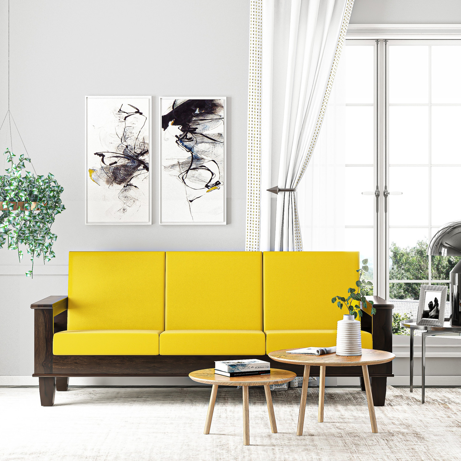 Image of Kendalwood Furniture Solid Wood 3 Seater Wooden Sofa set for living Room Furniture Fabric 3 Seater Sofa