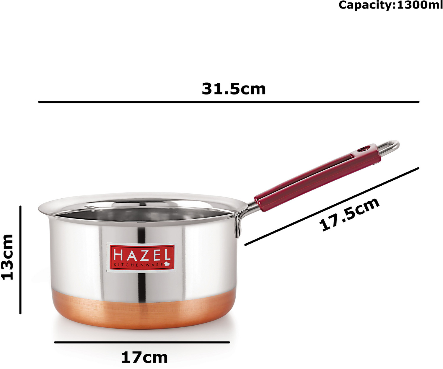 Image of HAZEL Stainless Steel Saucepan Copper Bottom Tea Pan With Rubber Grip Handle, 1300 ML Cookware Set