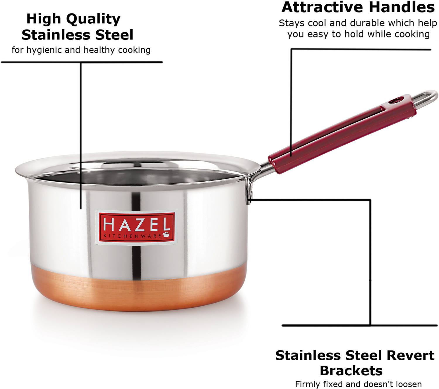 Image of HAZEL Stainless Steel Saucepan Copper Bottom Tea Pan With Rubber Grip Handle, 1300 ML Cookware Set